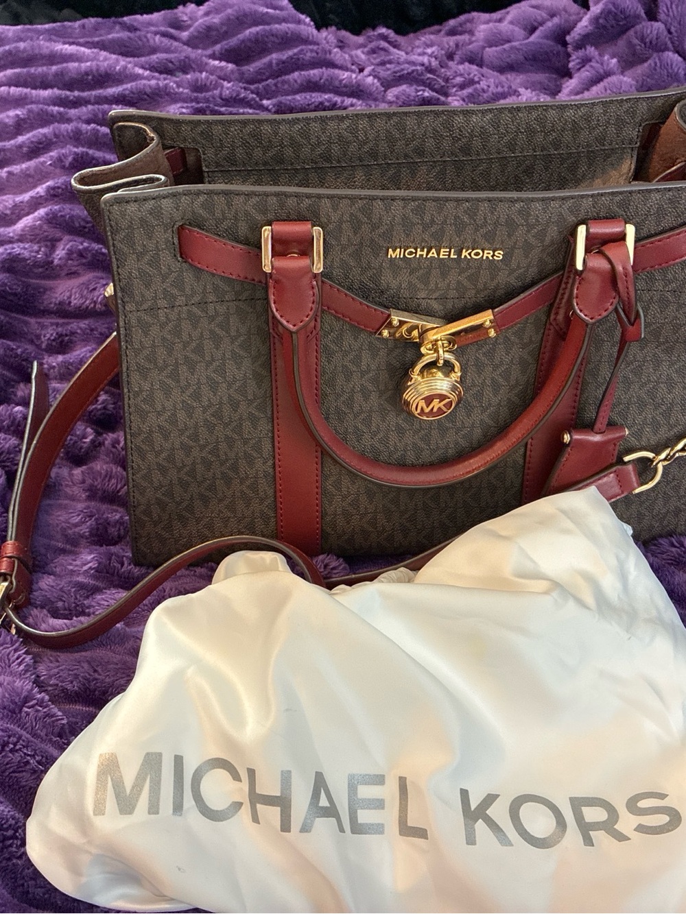 Michael Kors Brown Monogram Satchel with Burgundy Trim and Gold Hardware